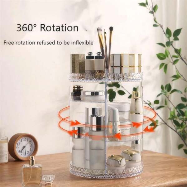 1pc 360 Degree Rotating Makeup Organizer, Black Cosmetic Display Stand With Adjustable Trays, Large Capacity Vanity Storage Rack For Beauty Products