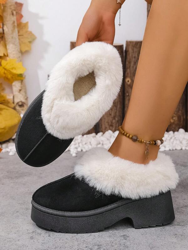 Bottes courtes en fourrure marron, design avec semelle épaisse et bordure de fourrure dégradée, talon plateforme épais, antidérapant, convient pour l'automne/l'hiver