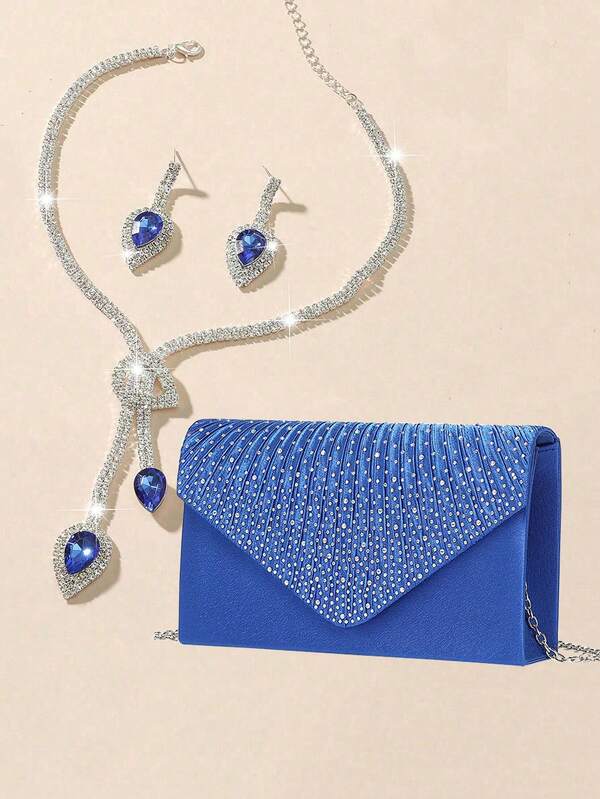 Women's Elegant Party Rhinestone Decor Evening Clutch, Shoulder Bag, Dress Bag Set With Heart-Shaped Rhinestone Earrings And Necklace
