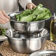 3 PiecesFood-Stainless Steel Kitchen Prep Set: Integrated Grater, Multifunctional Strainer, And Mixing Bowl With Drainage System For Washing, Slicing Fruits, Vegetables, And Cheese