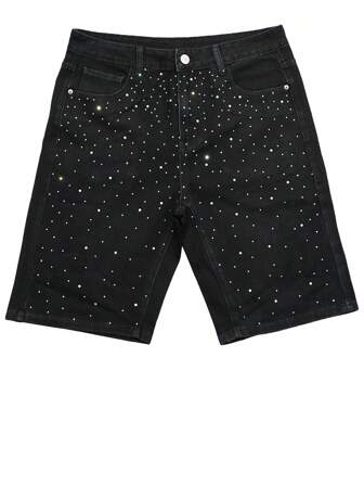 Men's Summer Fashion Rhinestone Decor Slant Pocket Denim Shorts