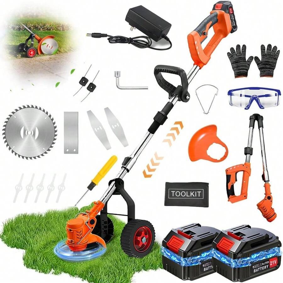 Cortacésped inalámbrico con ruedas, batería recargable de 21V, cortacésped de 4 cuchillas, recortador de césped, recortador de arbustos, recortador de jardín - Amarillo - Ver 1