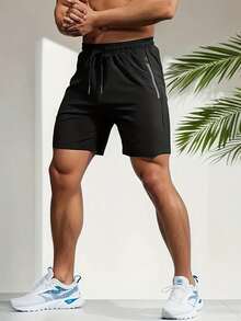 Shorts Atléticos Masculinos de Secagem Rápida com Bolsos com Zíper, Calções De Praia De Secagem Rápida,Atividades Ao Ar Livre No Verão, Treino Na Academia, e Relaxamento Em Casa - Preto - Visão 4
