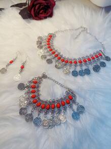 1 Set Vintage Turquoise Color Necklace & Earrings Set, Suitable For Women's Daily Wear