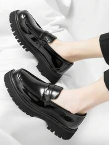 男士正装皮革正装鞋，青少年时尚厚底增高运动鞋，英伦风格乐福鞋，婚礼商务休闲日常男士正装/商务正装鞋 - 亮黑色 - 查看 7