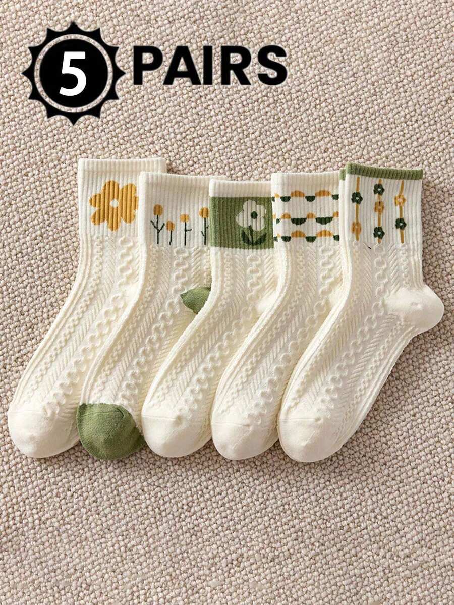 5 双奶油色花朵图案中筒袜，可爱甜美女孩袜子，适合春夏季 - 36-39 - 查看 1