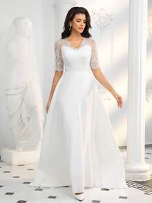 女士新娘婚纱，蕾丝短袖V领缎面及地优雅长裙，正式晚宴礼服，情人节白色春季款 - 白色 - 查看 6