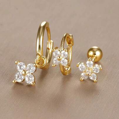 Set de 3 pendientes de acero inoxidable con flor de circonita para mujer, pendientes de aro hipoalergénicos bañados en oro de 18K para cartílago, hélix y tragus para uso diario