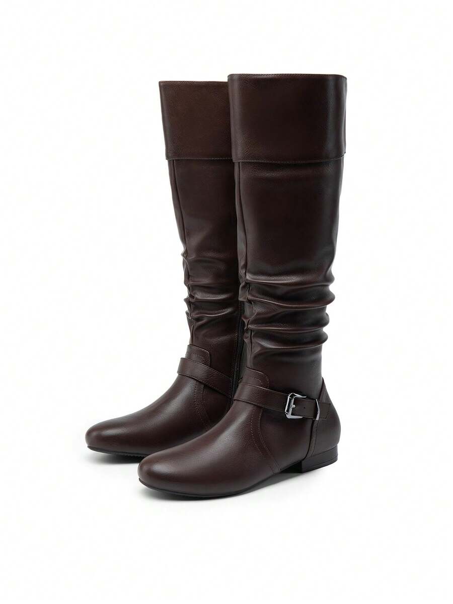 Women's Platform Knee High Boots Fashion Flat Pull On Fall Weather Slouchy Wild Knee High Boots - 棕色 - 查看 1