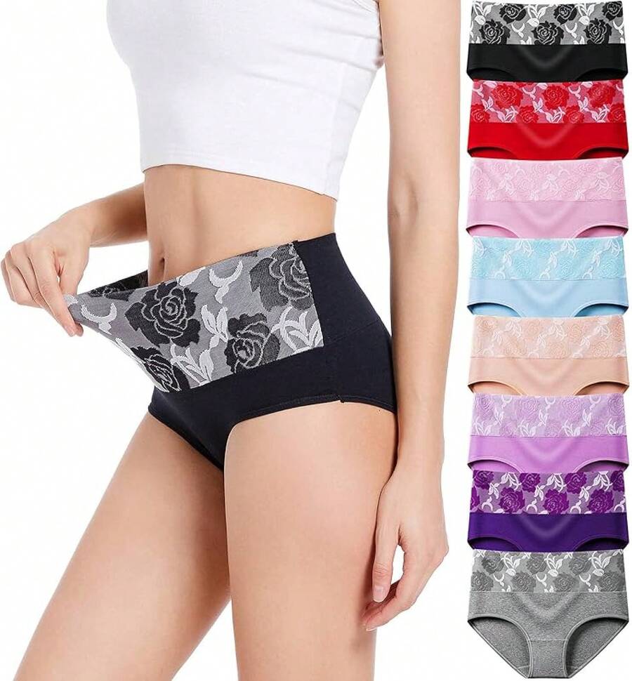 Women's Cotton High Waist Tummy Control Panties Jacquard Ladies Panty Multipack - Comfort - 簡報 01 - 8 件裝 - 多種顏色 - 查看 1