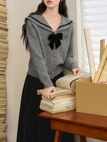 Alicedudu Women's Vintage Navy Collar Bow Decor Cardigan, Autumn/Winter - Grey - View 5