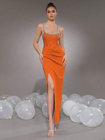 Modphy Sexy Sleeveless Rhinestone Embellished Bandage Long Dress, Bridesmaid Gown For Weddings, Formal Events, Elegant Pleated Slit Bodycon Dress