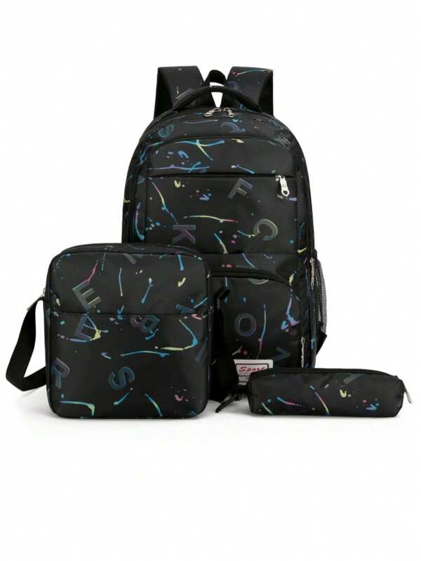 Three Pieces Printed Monogrammed Junior High School Student School Bag Set, Student Stationery Bags And Student Shoulder Bags, Campus Back To School Season Student School Bags