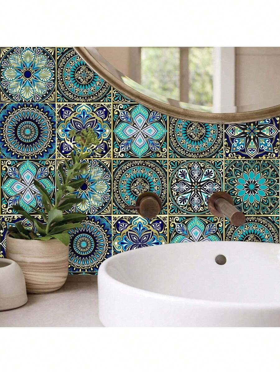 10 Pieces / 20 Pieces Of Colourful Mandala Pattern PVC Self-Adhesive Wallpaper, With A Strong Adhesive Backing, Without Professional Tools, Tear Off The Protective Film Can Be Easily Pasted, Waterproof And Oilproof Performance Is Excellent, Wall Paper Wall Stickers Room Decor Wall Decor Wall Sticker