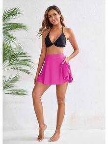 Halcurt Women's High Waisted Ruched Ruffle Swim Skirt With Shorts Tummy Control Tankini Swim Skort Bikini Swimsuit Bottoms - Hot Pink1 - View 5