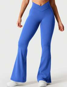 YEOREO Kalie Flare Scrunch Leggings For Women V Cross Waist Bell Bottom Yoga Pants Tummy Control Bootcut Workout Leggings Sweat Weatpants Women Pants For Women Yoga Pants For Women Flare Leggings Joggers For Women Black Pants Sweat Pants Flare Leggings Women Yoga Pants For Women - 寶藍色 - 查看 2