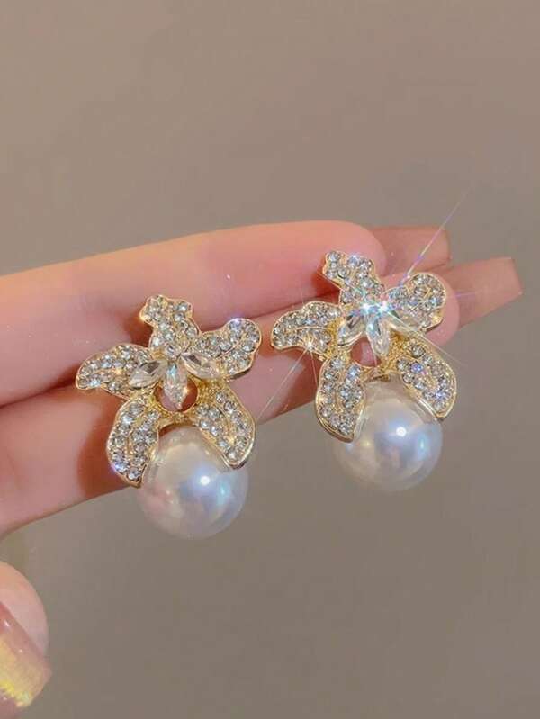 1 Paar mit Strass verzierte Blumen Ohrringe für Damen, europäisch und amerikanischer Modestil, falsche Perlen Ohrstecker für Alltag, Party, Bürokleidung