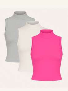 Kit 3 High Neck Blouse Suplex Basic Women's Casual Tank Top - 灰色/粉紅色/關閉 - 查看 1