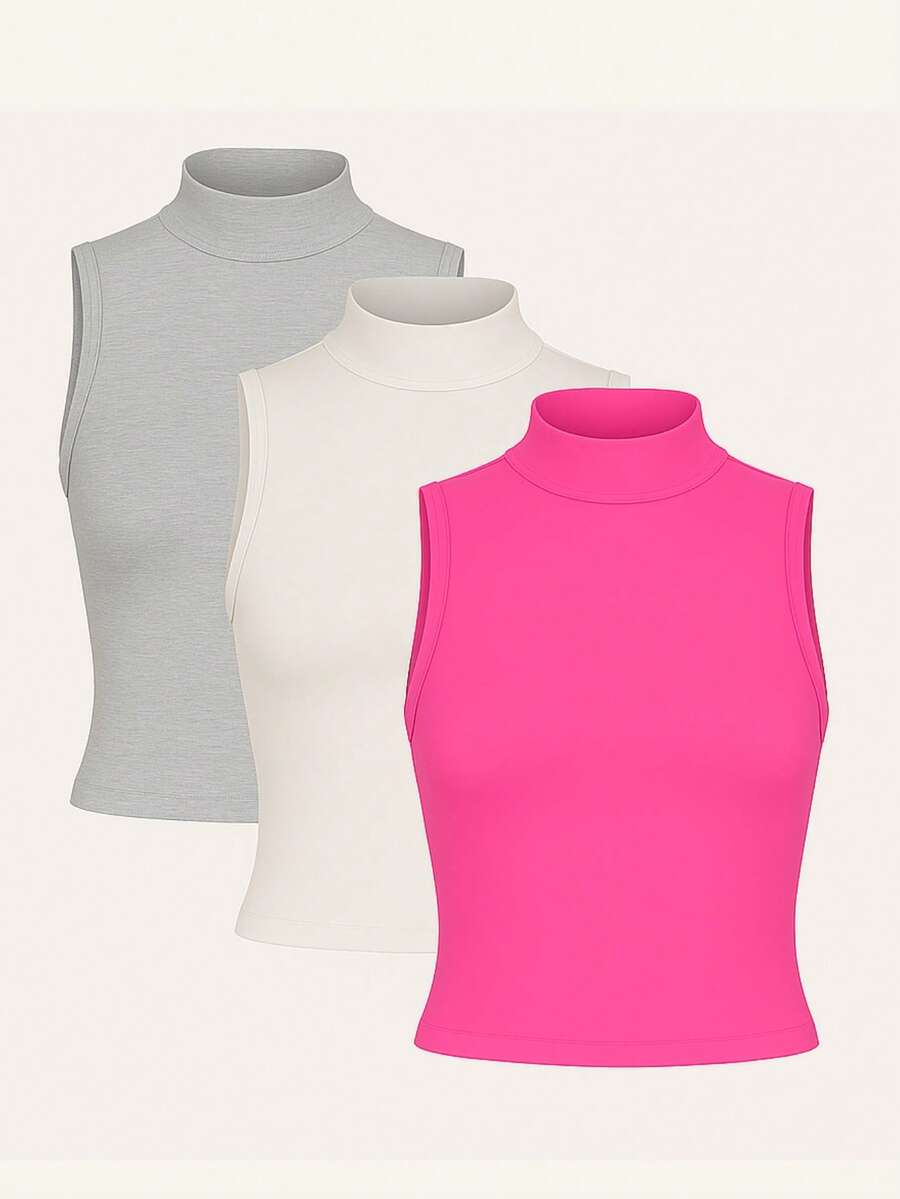 Kit 3 High Neck Blouse Suplex Basic Women's Casual Tank Top - 灰色/粉紅色/關閉 - 查看 1
