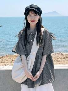 格纹短袖翻领荷叶边衬衫，甜美休闲夏季女士上衣