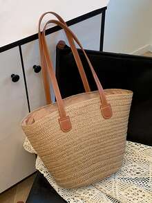 Yogodlns 女士编织篮手拿包顶部手柄包草编便携单肩包夏季沙滩派对钱包购物挎包女式大容量单肩包夏季编织篮手提包时尚沙滩包巴厘岛购物手提包腋下包