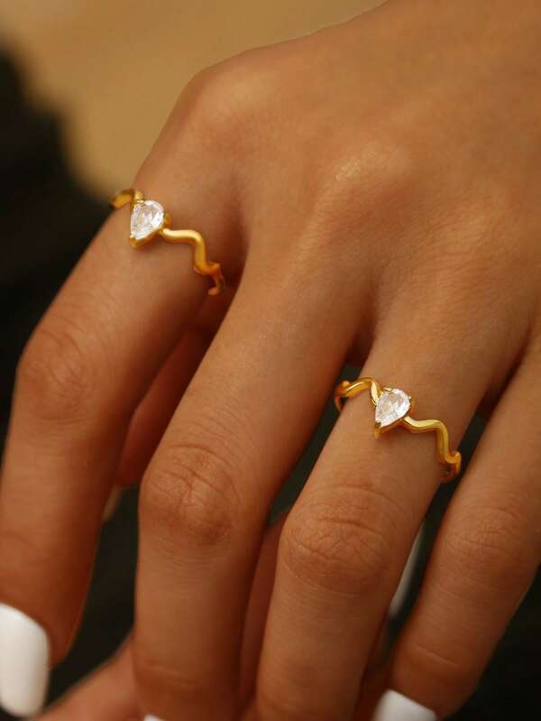1pc Elegant, Charming, Personalized, Luxury, Minimalist, High-End 18K Gold Plated Stainless Steel Zirconia Geometric Drop Rhinestone Single Ring, Suitable For Festivals, Travel, Work, Daily Wear, Party, Gathering, Women's Jewelry