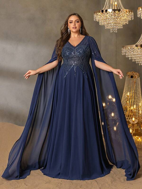 Faeriesty Robe de soirée en mousseline de soie avec perles et cape, traîne fluide en mousseline transparente - Robe pour galas sur tapis rouge, mariages en smoking, soirées de gala, fêtes de luxe