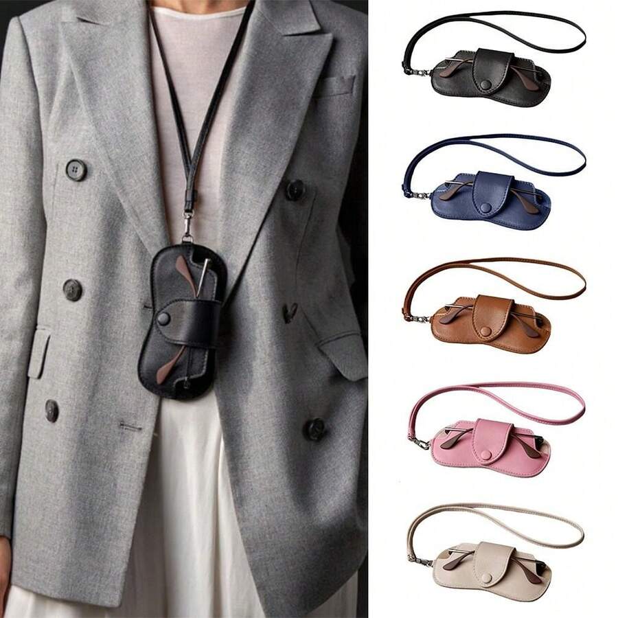 Portable Sunglasses Storage Bag Glasses Case Hanging Neck PU Leather Glasses Holder Protective Sleeve With Lanyard Sunglasses Pouch