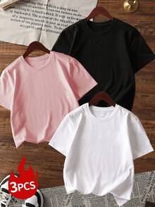Set Of 3 Women's Short-Sleeved, Crew-Neck T-Shirts In  Solid Colors, Suitable For Everyday Wear. Includes A White T-Shirt, A Black T-Shirt, And A Pink T-Shirt. - 多色 4 - 查看 8