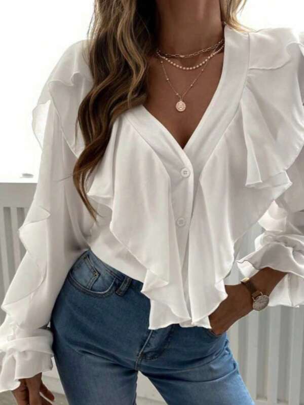Solid Color Textured Ruffled V-Neck Elegant Blouse