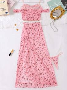 3pcs Mesh Floral Print Lingerie Set Including Sheer Top, Long Dress & Shorts