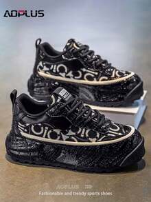 AoPlus Men's Classic Black Comfortable Sports Sneakers, Stylish Outdoor Lace-Up Leather - Spliced Thick - Soled Street - Style Casual Shoes - 黑色 - 查看 2