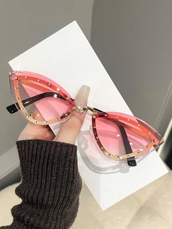1pc Women's Retro Cat Eye Style Crystal Embellished Rimless Fashion Glasses Suitable For Travel & Party