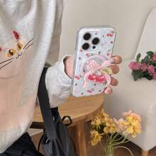 可爱粉色蝴蝶结樱桃磁性手机支架，桌面伸缩式斜挎支架，多功能装饰手机支架 - 粉色 - 查看 8