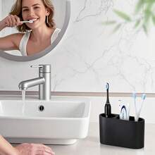 Toothbrush Holder, 2 Slots Toothbrush And Toothpaste Holdersfor Bathrooms, Resin Toothbrush Holder Electric Toothbrush Stand For Vanity Countertop, Bathroom Accessories, Matte Black - 黑色 - 查看 5