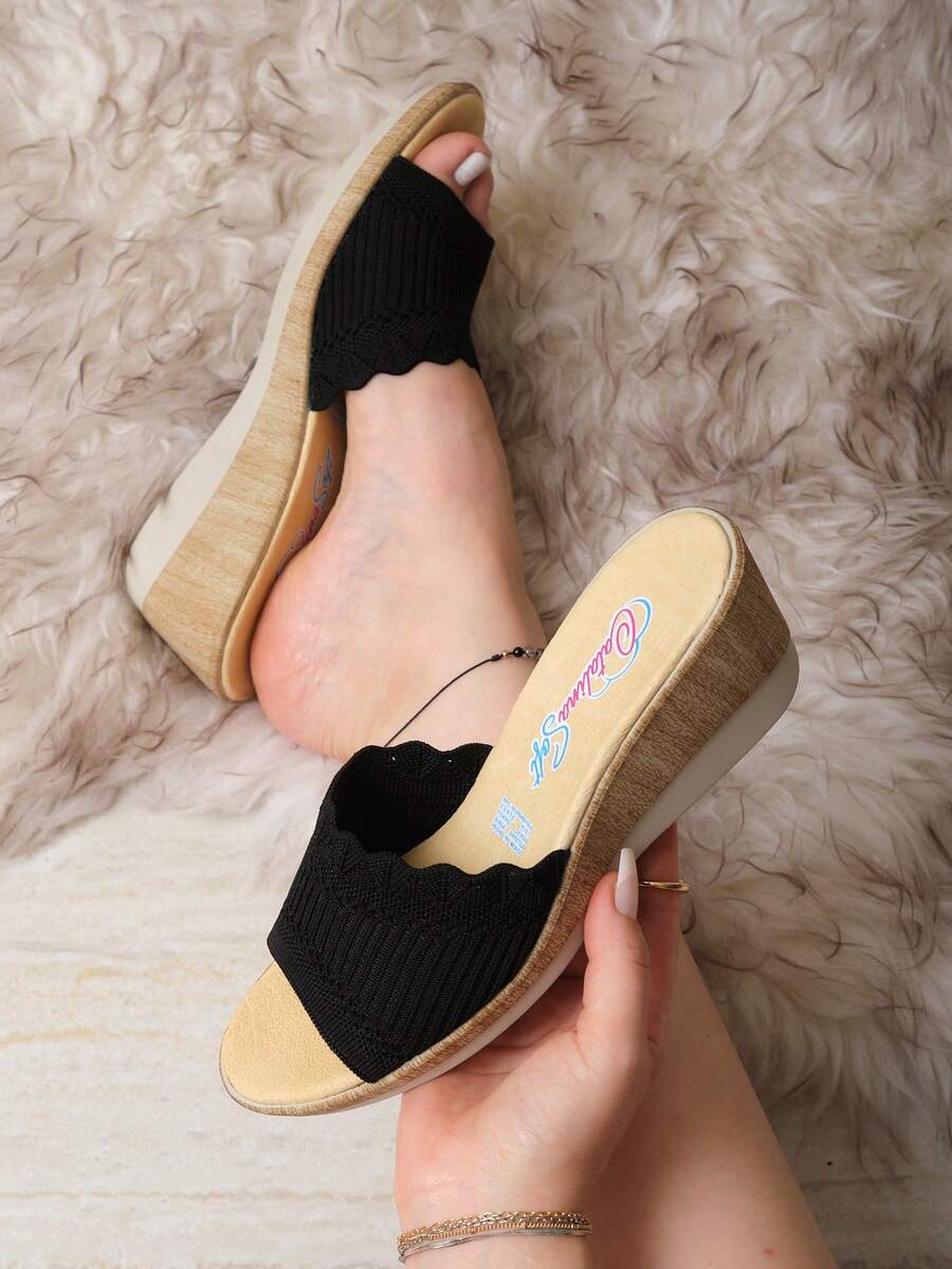 Sandalias tejidas con cuña, sandalias de plataforma caladas, sandalias slide mujer, sandalias tipo malla elástica, chanclas con suela efecto madera, sandalias sin hebilla cómodas, calzado veraniego femenino, sandalias abiertas con diseño decorativo. - Negro - Ver 1