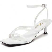Athlefit Tacones De Mujer Strappy Kitten Heels Square Toe Ankle Strap Sandals Dressy Party Shoes - 白色 - 查看 1