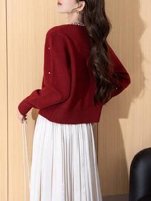 Alicedudu Cardigan col rond style vintage avec décoration de strass pour femmes, ambiance festive, convient pour l'automne/l'hiver - Rouge foncé - Voir 2