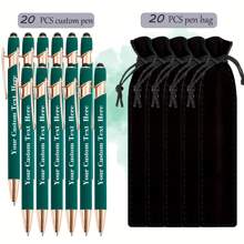 20 pezzi Penne a sfera personalizzabili + 20 pezzi Custodie nere per penne, punta fine, corpo in alluminio, cappuccio retrattile, scrittura fluida, leggere, con molletta, compatibili con touch screen, adatte per informazioni e regali personalizzati, utilizzabili come regali di inizio scuola, forniture scolastiche