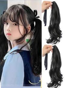 2 piezas Peluca con extensiones de cabello sintético rizado corto de 14 pulgadas con flores en forma de pera y sujetadores para coleta, ideal para uso diario - Negro - Ver 9