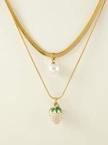 1 件不锈钢双层蛇骨项链，带树脂仿珍珠和水果吊饰（草莓、西瓜、樱桃），非常适合夏季郊游、海滩、情人节礼物和日常佩戴，适合所有场合