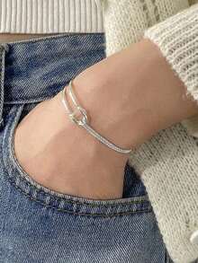 ESBERRY 1pc S925 Sterling Silver Minimalist Double Layered Knotted Snake Bone Bracelet For Women Fine Jewelry Gift - Silver - View 3