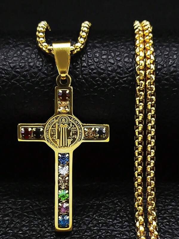 1pc Stainless Steel Cross Necklace, St. Benedict Crystal Embedded Pendant, Unisex Everyday Wear Jewelry Necklace