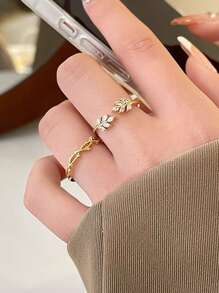 Set de 2 anillos de mujer con diseño de hoja y piedras de circonita de cobre, versátil para uso diario, citas, fiestas, estilo clásico francés