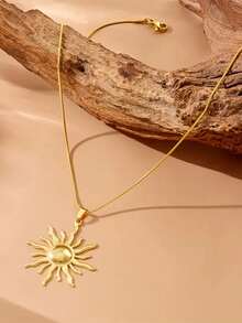 1 Stück Vintage Sonnen Totem Anhänger Halskette & Ohrringe für Frauen, Edelstahlkette Halskette für Alltag, Party, Schmuckgeschenke - Goldgelb - Übersicht 7