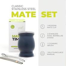 HF 8 Oz Stainless Steel Double-Wall Mate Cup And Bombilla Set - Yerba Mate Set Includes One Yerba Mate Cup, 2 Bombillas Mate (Straw) & Brush - Easy To Clean (Wood)