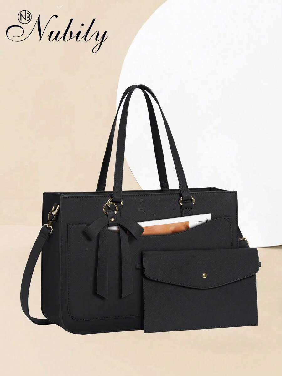 15.6 Inch Leather Laptop Tote Bag For Women - Waterproof Work Tote & Professional Office Briefcase | Large Capacity Computer Bag For Business, College & Travel (Fits Most 15.6" Laptops - màu đen - Xem 1