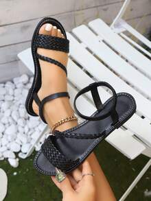 Sandales plates à bout ouvert pour grandes tailles, brides tressées décontractées, légères et confortables, parfaites pour la plage, été