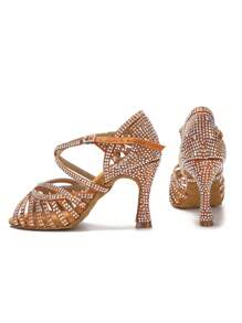 9cm Cuban Heel Latin Dance Shoes For Women, Ballroom Dance Shoes, Practice Training Stage Performance Rhinestone Party Heels