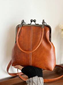 1个复古仿皮斜挎包，女士复古风吻锁迷你手提包，配有可调节肩带，纯色轻便都市手提包，涤纶衬里，男女通用 - 棕色 - 查看 5